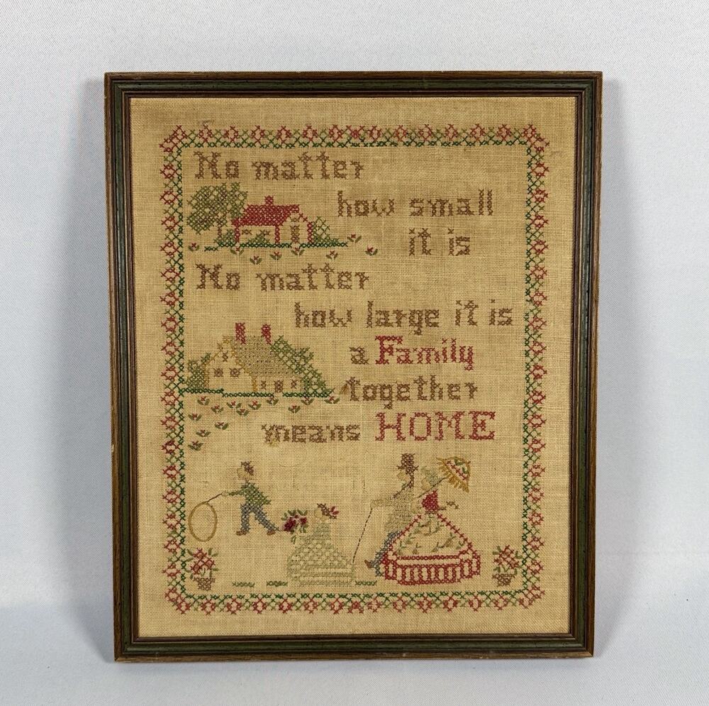 VTG Framed Cross Stitch Sampler Family Together Means Home Wall Art 9x13